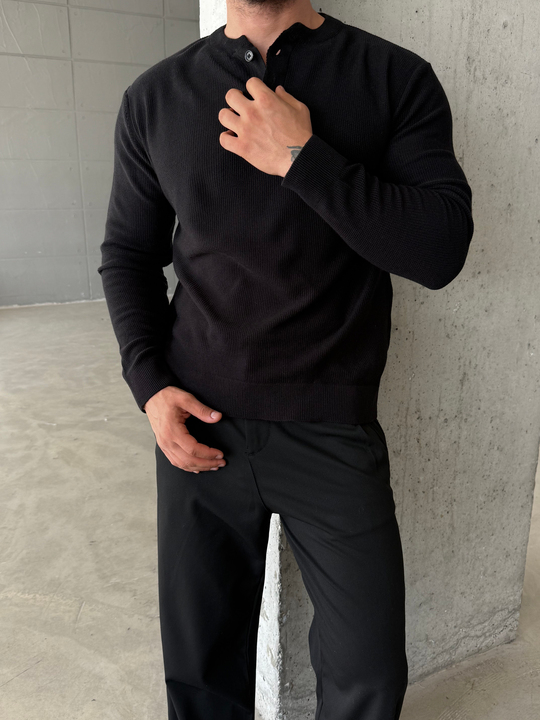 Siyah Henley Yaka Örgü Relax Fit Triko SNZ