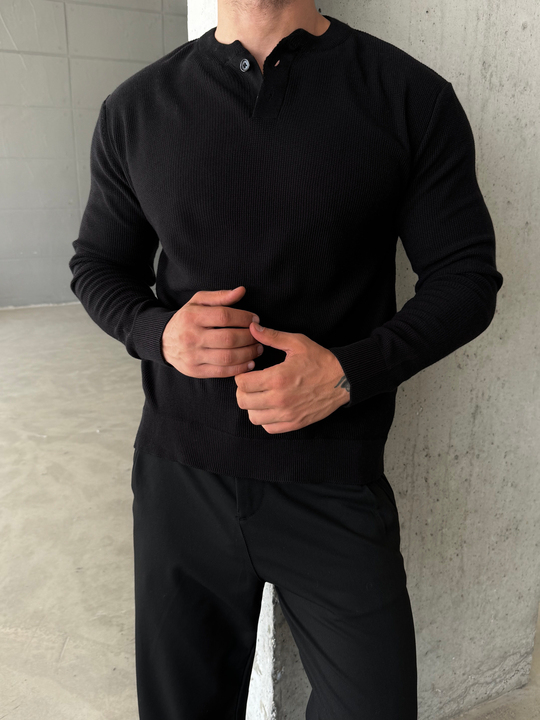 Siyah Henley Yaka Örgü Relax Fit Triko SNZ