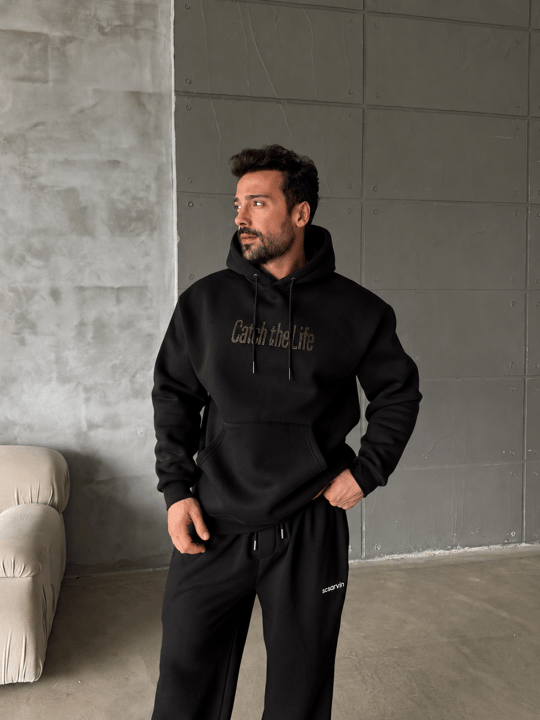 Siyah Kangru Kapşonlu Cacht The 3 İplik Hoodie Model 17