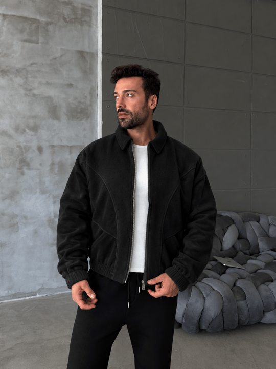 Siyah Parçalı Tam Zip Boxy Polar TB
