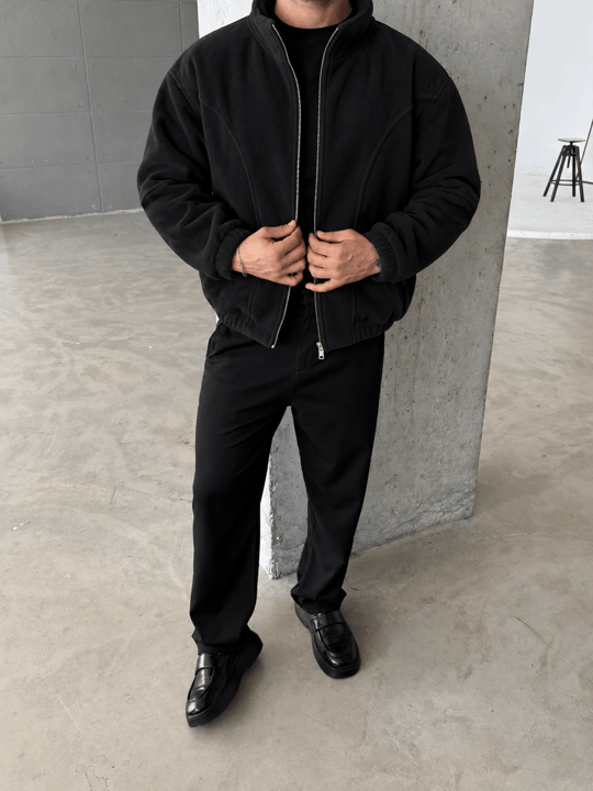 Siyah Parçalı Tam Zip Boxy Polar TB