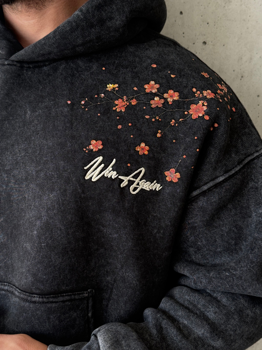 Siyah Sakura Yıkamalı Boxy Hoodie PLZ 27016