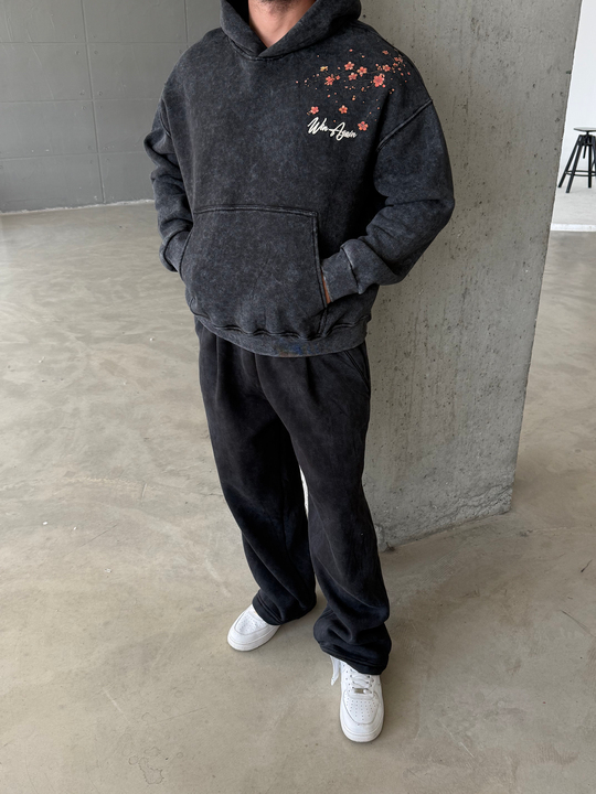 Siyah Sakura Yıkamalı Boxy Hoodie PLZ 27016