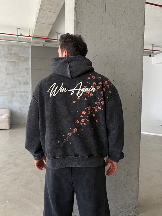 Siyah Sakura Yıkamalı Boxy Hoodie PLZ 27016