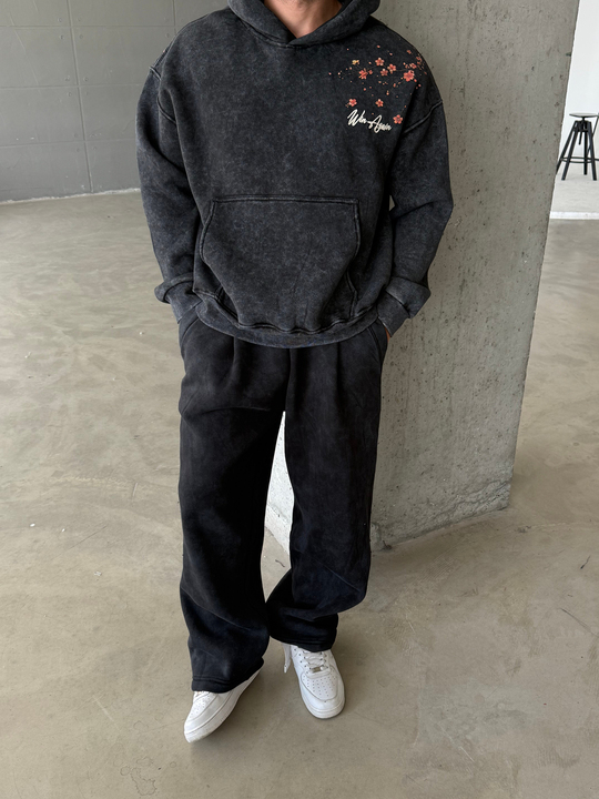 Siyah Sakura Yıkamalı Boxy Hoodie PLZ 27016