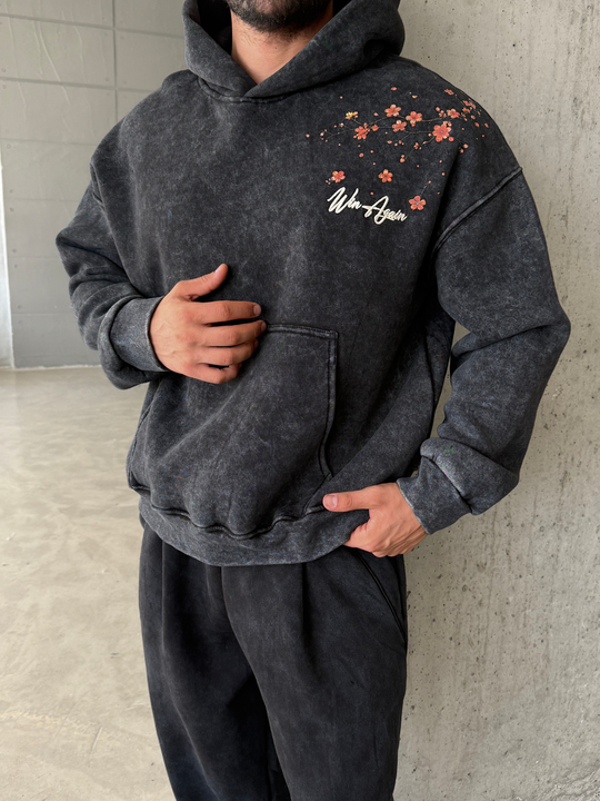 Siyah Sakura Yıkamalı Boxy Hoodie PLZ 27016