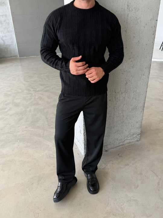 Siyah Şardonlu Dikey Şerit Fit Kazak SNZ 7294