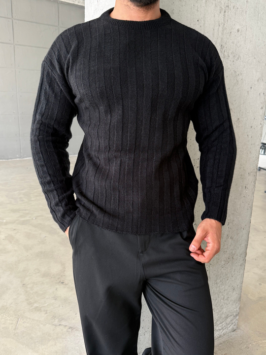 Siyah Şardonlu Dikey Şerit Fit Kazak SNZ 7294