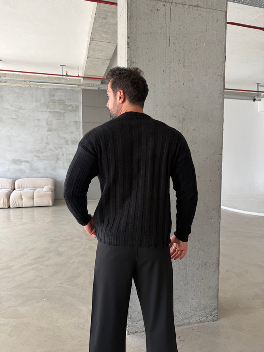 Siyah Şardonlu Dikey Şerit Fit Kazak SNZ 7294