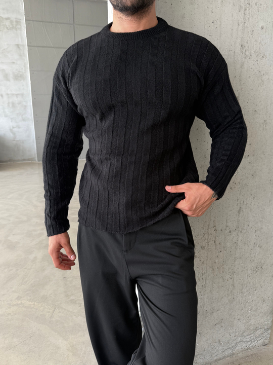 Siyah Şardonlu Dikey Şerit Fit Kazak SNZ 7294