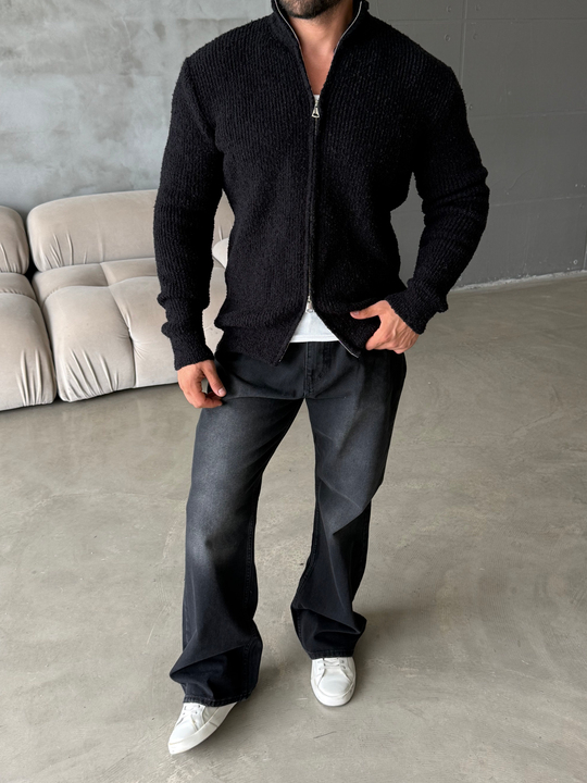 Siyah Teddy Tam Zip Hırka AU