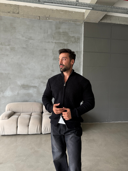 Siyah Teddy Tam Zip Hırka AU