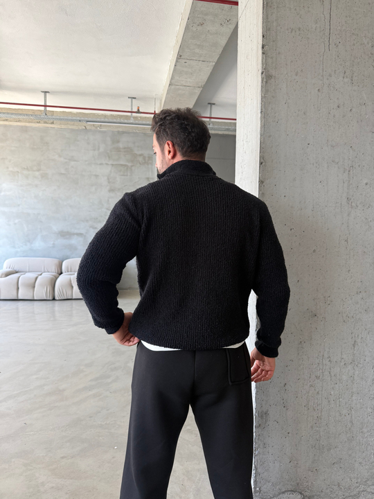 Siyah Yarım Zip Şardonlu Pamuk Teddy Boxy Fit Kazak AU