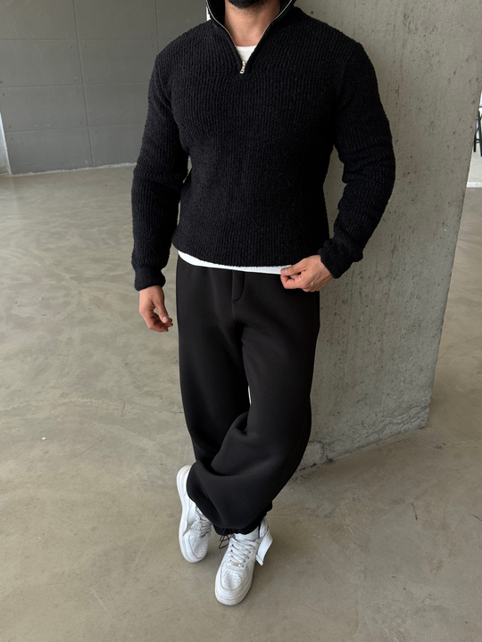 Siyah Yarım Zip Şardonlu Pamuk Teddy Boxy Fit Kazak AU
