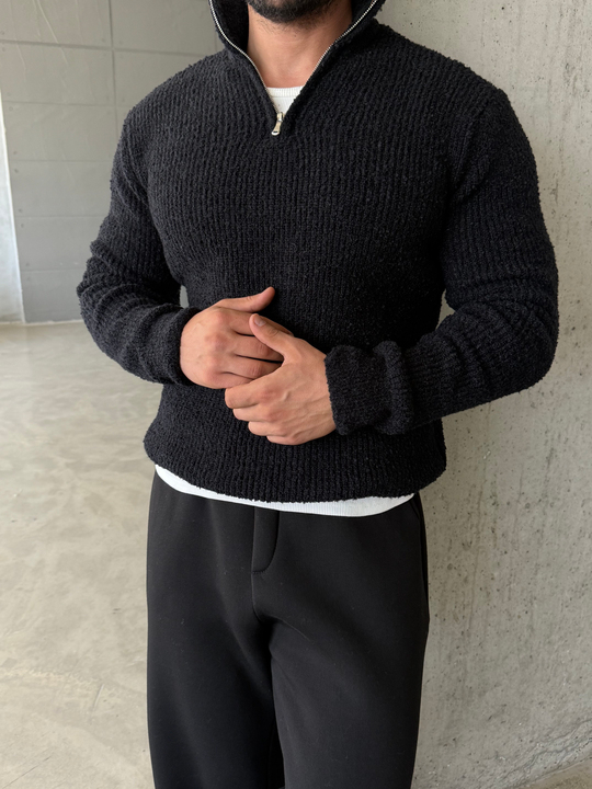 Siyah Yarım Zip Şardonlu Pamuk Teddy Boxy Fit Kazak AU