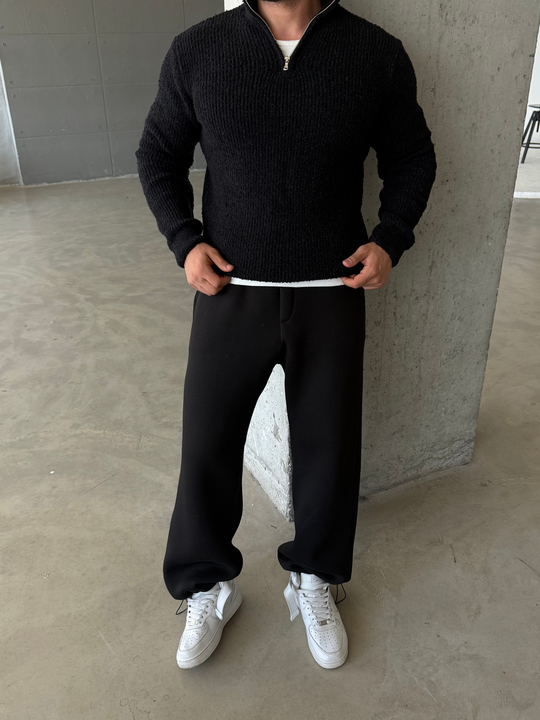 Siyah Yarım Zip Şardonlu Pamuk Teddy Boxy Fit Kazak AU