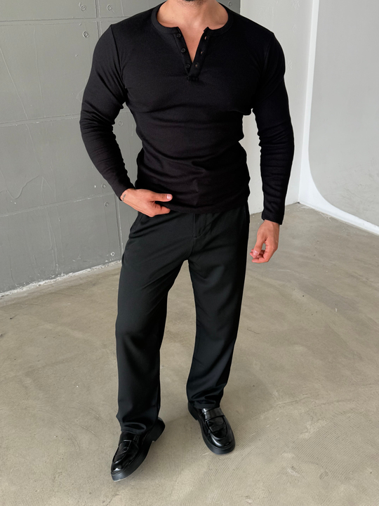 Siyah Henley Yaka Uzun Kol SC