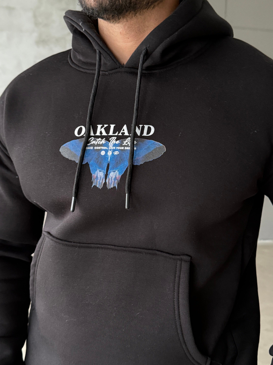 Siyah Kangru Kapşonlu Butterfly 3 İplik Hoodie Model 10