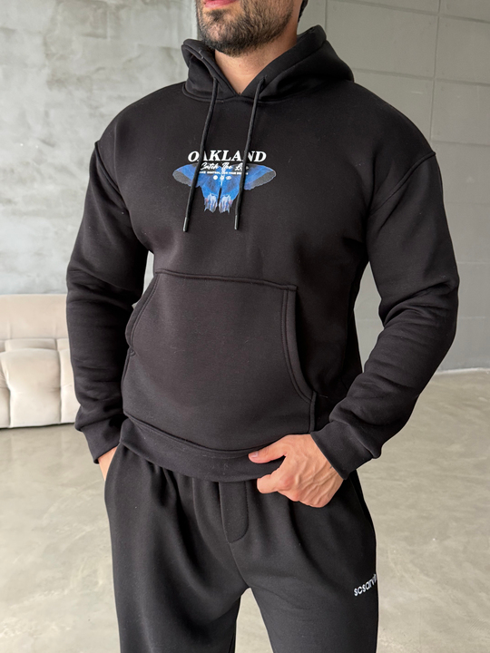 Siyah Kangru Kapşonlu Butterfly 3 İplik Hoodie Model 10