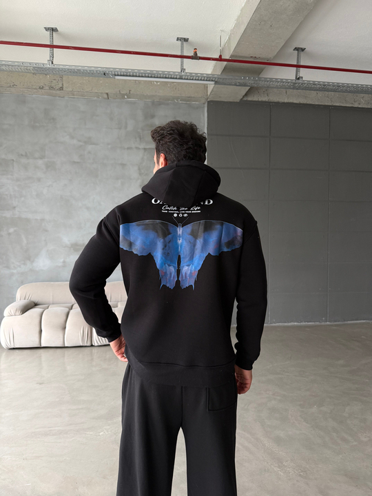 Siyah Kangru Kapşonlu Butterfly 3 İplik Hoodie Model 10