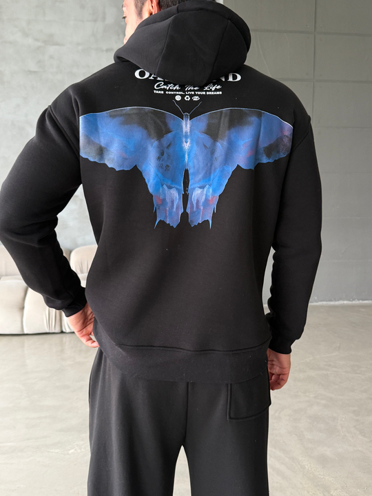 Siyah Kangru Kapşonlu Butterfly 3 İplik Hoodie Model 10