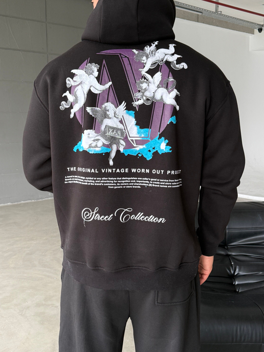 Siyah Kangru Kapşonlu  Street 3 İplik Hoodie Model 6