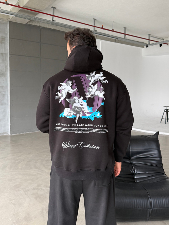 Siyah Kangru Kapşonlu  Street 3 İplik Hoodie Model 6