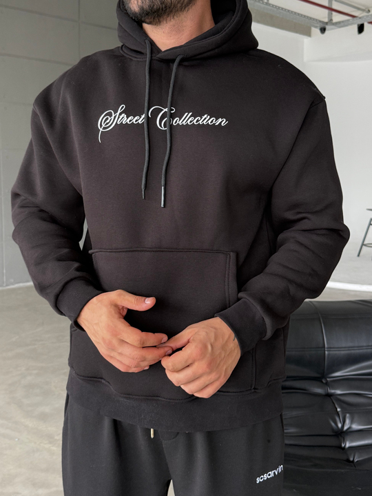 Siyah Kangru Kapşonlu  Street 3 İplik Hoodie Model 6