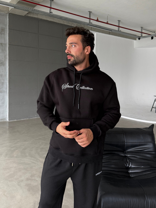 Siyah Kangru Kapşonlu  Street 3 İplik Hoodie Model 6