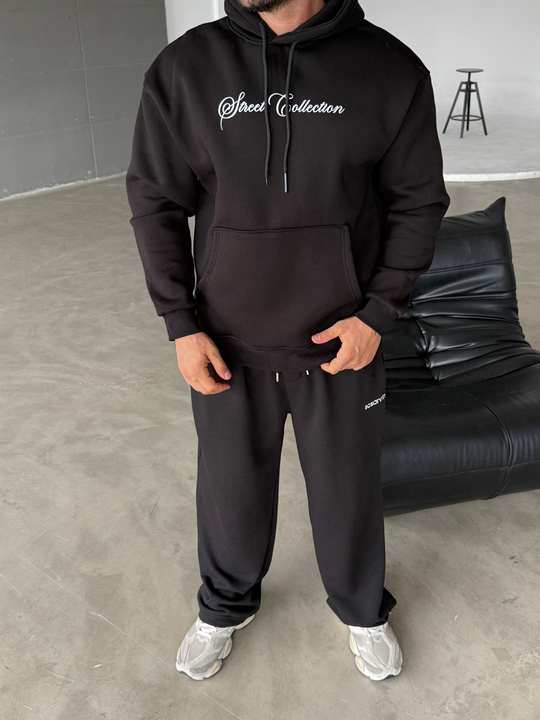 Siyah Kangru Kapşonlu  Street 3 İplik Hoodie Model 6