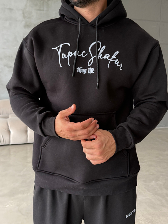 Siyah Kangru Kapşonlu Thug 3 İplik Hoodie Model 14