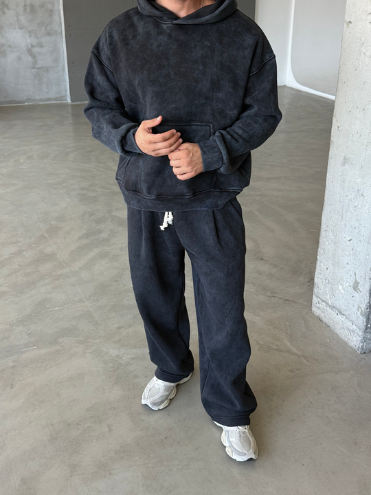 Siyah Kangru Yıkamalı Compak Hoodie Boxy Kalıp PLZ 27504