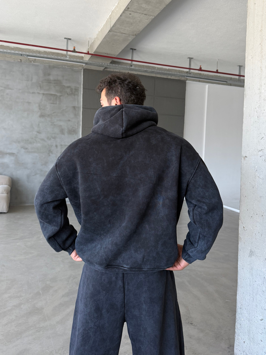 Siyah Kangru Yıkamalı Compak Hoodie Boxy Kalıp PLZ 27504