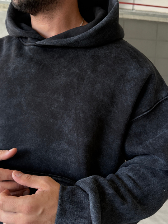 Siyah Kangru Yıkamalı Compak Hoodie Boxy Kalıp PLZ 27504