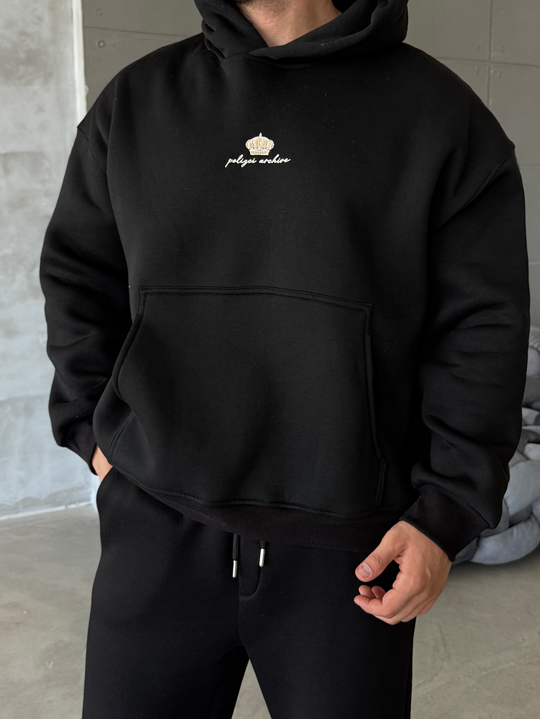 Siyah Kapşonlu Santranç Aplikeli Sweatshirt PLZ 27007