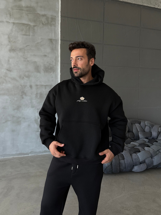 Siyah Kapşonlu Santranç Aplikeli Sweatshirt PLZ 27007