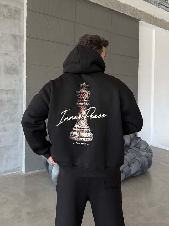 Siyah Kapşonlu Santranç Aplikeli Sweatshirt PLZ 27007
