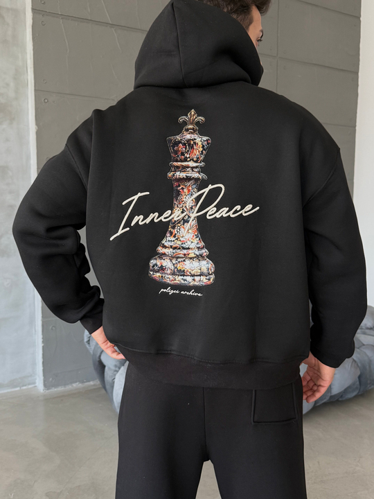 Siyah Kapşonlu Santranç Aplikeli Sweatshirt PLZ 27007