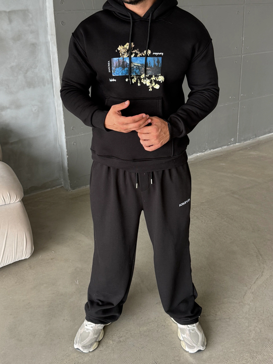 Siyah Vincent Baskılı 3 İplik Hoodie Model 2