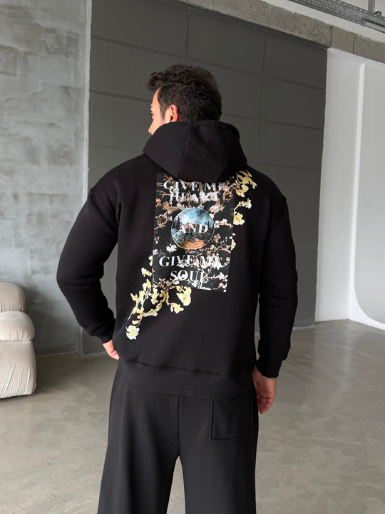 Siyah Vincent Baskılı 3 İplik Hoodie Model 2