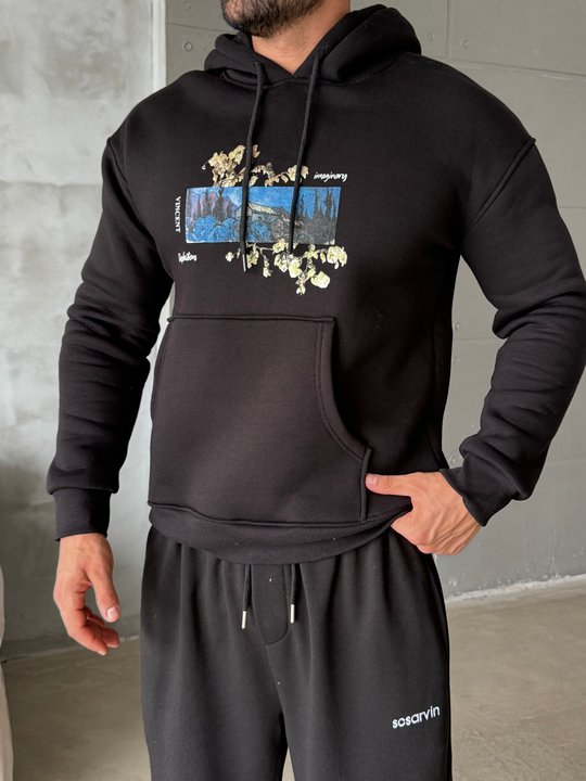 Siyah Vincent Baskılı 3 İplik Hoodie Model 2