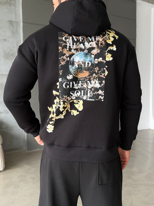 Siyah Vincent Baskılı 3 İplik Hoodie Model 2