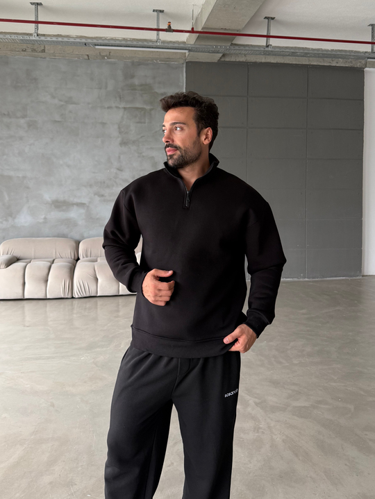 Siyah Yarım Fermuarlı 3 İplik Sweatshirt Model 3