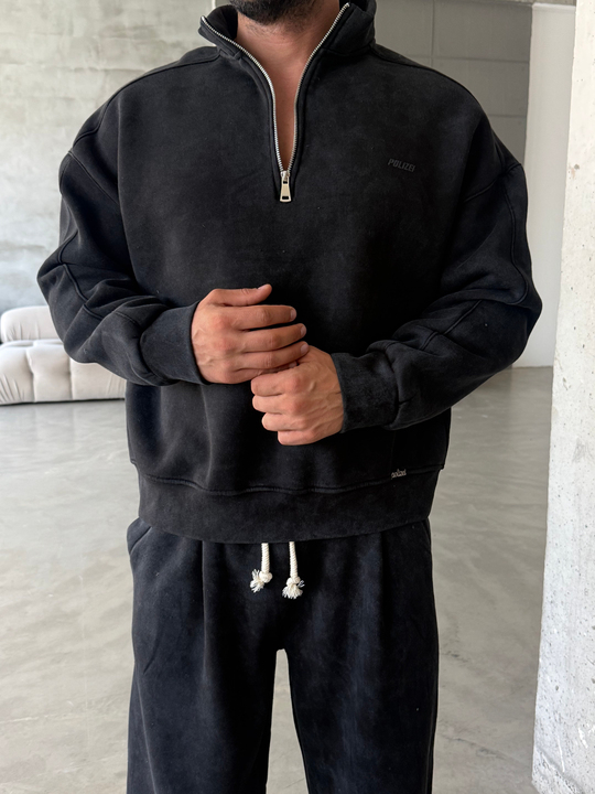 Siyah Yıkamalı Yarım Fermuar Sweatshirt PLZ 27027