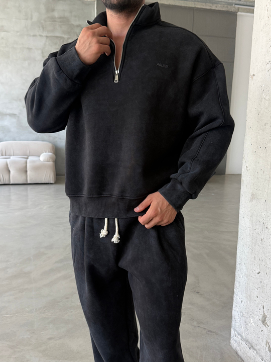 Siyah Yıkamalı Yarım Fermuar Sweatshirt PLZ 27027
