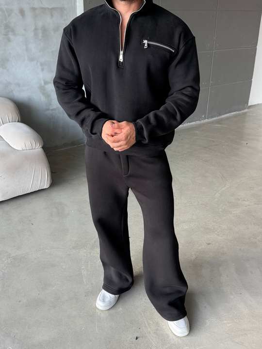 Siyah Yüksek Yaka Göğüs Fermuarlı Boxy Sweatshirt SNZ 5109