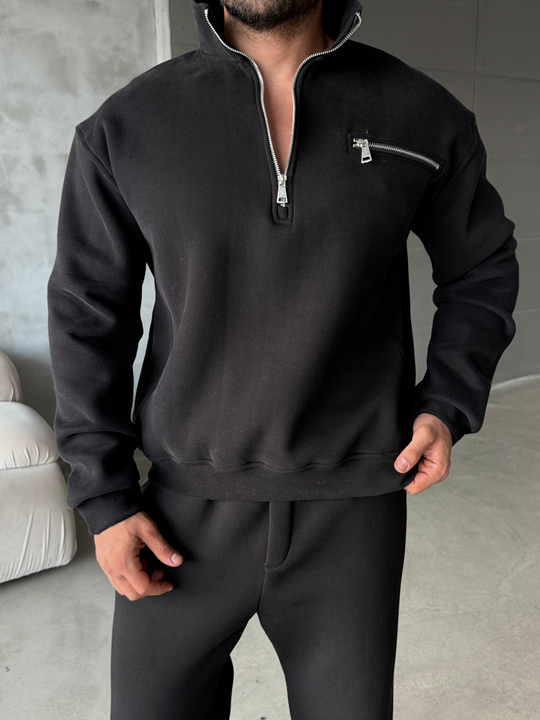 Siyah Yüksek Yaka Göğüs Fermuarlı Boxy Sweatshirt SNZ 5109