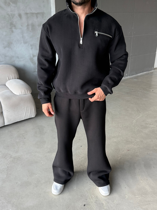 Siyah Yüksek Yaka Göğüs Fermuarlı Boxy Sweatshirt SNZ 5109