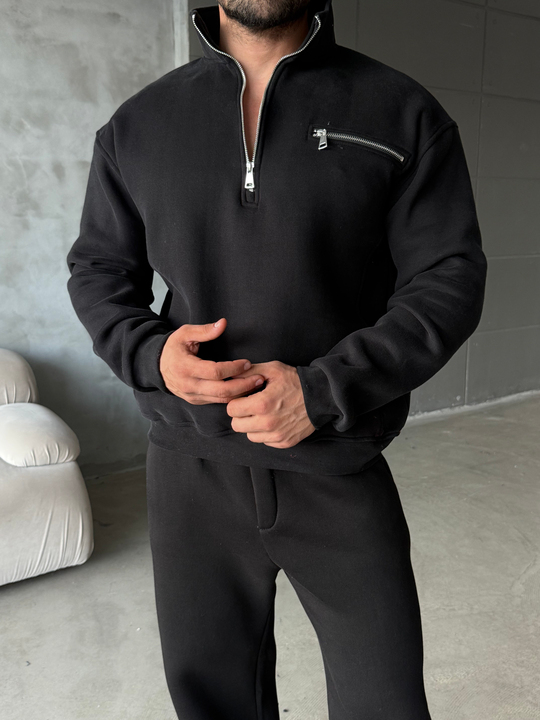Siyah Yüksek Yaka Göğüs Fermuarlı Boxy Sweatshirt SNZ 5109