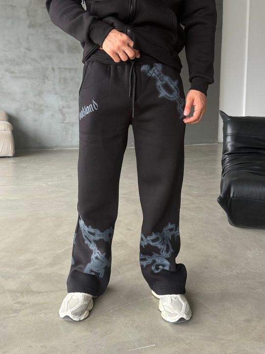 Siyah Zincir Baskılı Eşofman 3 İplik Model 19